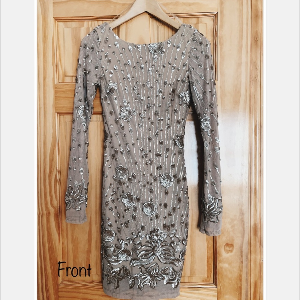 Lulu’s tan/gold sequin pattern bodycon dress